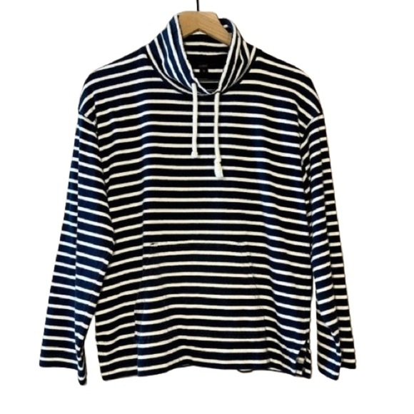 Women's S J Crew Striped Funnel Neck Top Navy Blue White Drawstring - Picture 1 of 4